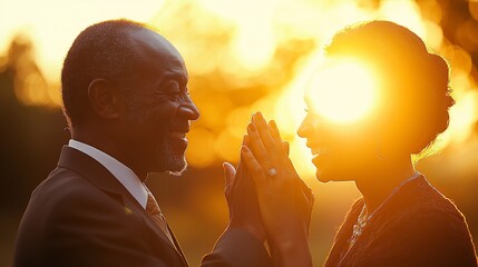 Loving couple in sunset embrace.  Silhouettes of a happy senior African American man and woman gently touching hands, bathed in golden sunlight,  suggesting love and affection