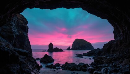 Serene coastal scene with rocky shore, dark blue ocean and purple sky. Scattered gray, brown rocks on beach. Ocean reflects deep blue sky with wispy clouds. Warm glow from setting sun.