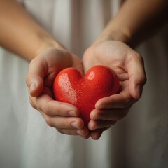 Obraz premium Red heart symbol of love and compassion in delicate human hands cradling. Pair of hands holds heart above chest with balanced symmetry. Simple white border frame.