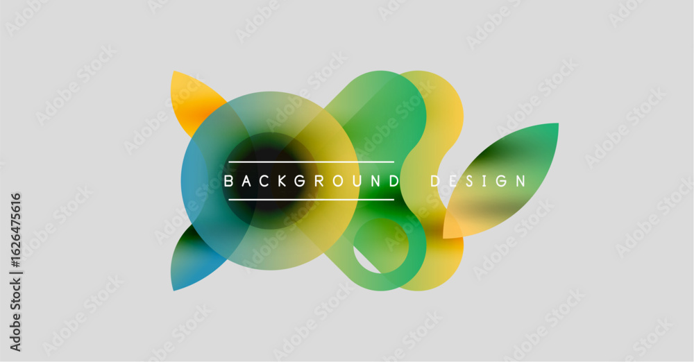 Poster abstract colorful shapes overlap, creating dynamic visual effect. background features gradients, tex