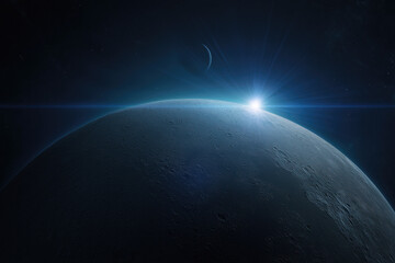 Fototapeta premium Moon spacecraft approaching the dark limb of crater horizon with blue illuminated glow and subtle lens flare in minimalist atmospheric sci‑fi composition