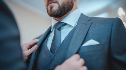 A man in a suit is being adjusted by another person. Professional attire and grooming