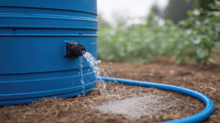 A blue barrel with water flowing through a hose onto soil in a garden setting. Concept: irrigation, water supply, gardening, agriculture