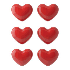 Fototapeta premium Six shiny red hearts arranged in three rows on a white background
