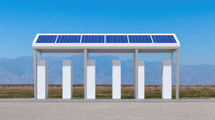 Fototapeta premium A row of white electric charging stations with a solar panel roof. Sustainable energy technology concept