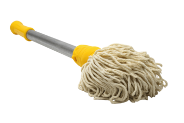 A beige-colored mop head with a metal pole and yellow handles
