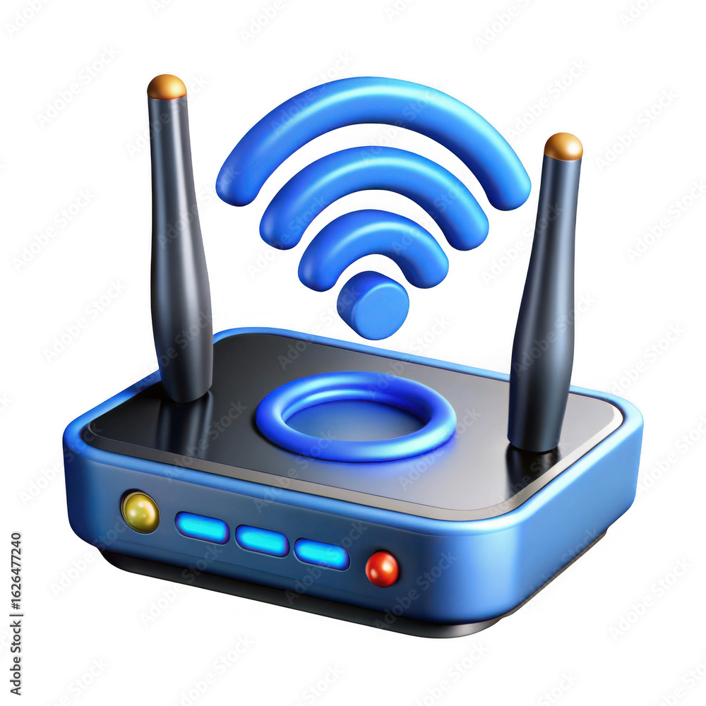 Poster modern wireless router with wi fi signal icon and antennas isolated on transparent background