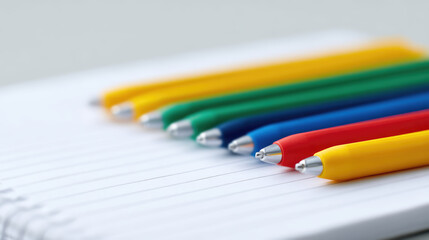 Obraz premium Colorful pens are lined up on a notebook with lined pages. Office supplies, organization, stationery