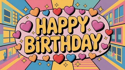 Fototapeta premium Colorful Retro Happy Birthday Illustration with Hearts and Cityscape Background