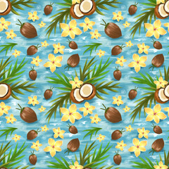 pattern Tropical Coconuts and Plumeria Flowers on Blue Background