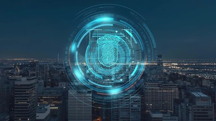 The glowing skyline of a high-tech city blends with a futuristic interface showing security icons, highlighting data protection and biometric scanning.
 - Powered by Adobe