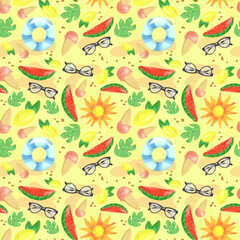 Summer Fruits and Beach Items Cute Doodle Pattern