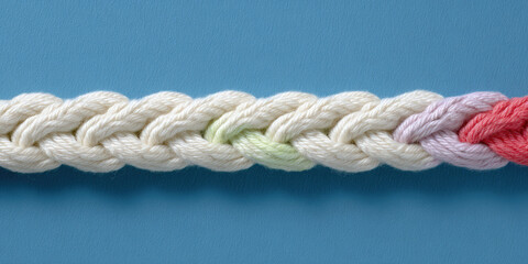Fototapeta premium A braided rope with sections of white lies horizontally across the image. Concept: colorful, braided, textile