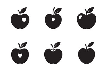 Collection of Black Apple Silhouettes with Hearts and Leaves on White Background Healthy Food Theme