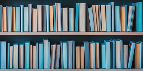 Books of various sizes and colors are neatly arranged on two wooden shelves. Colorful book arrangement, organized library aesthetic