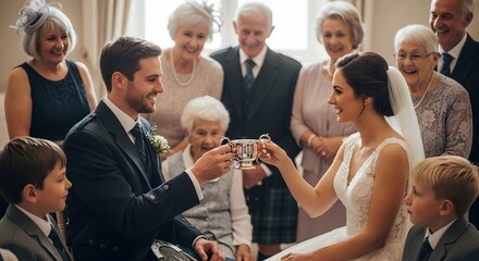 Celebrating a New Beginning Bride and Groom Toast Their Future with Family, Joyful Smiles and Warm Wishes Surround Them