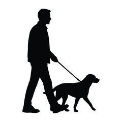 Silhouette of a man walking dog on leash
