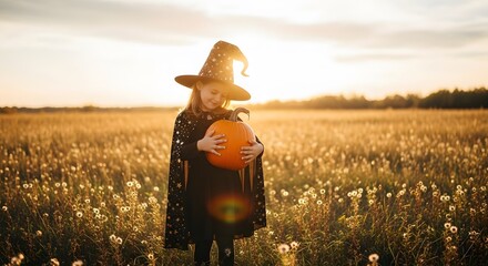 Little witch in a star-studded cape embraces a pumpkin at sunset, magical autumn vibes in a golden field. A heartwarming Halloween scene.