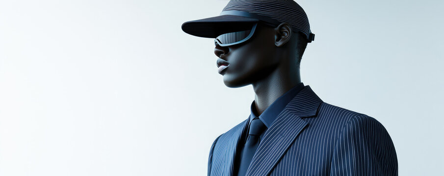 A man in a pinstriped suit and visor stands in profile against a plain backdrop. Futuristic fashion, style, technology