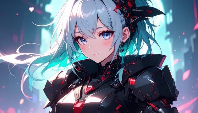 Futuristic anime character with armor in a digital landscape.