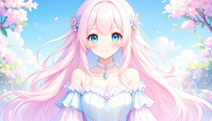 Anime girl with pink hair and blue eyes in a floral setting.