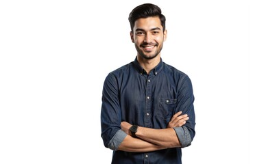 Young Asian man in casual outfit stands against plain white background. He wears denim shirt, black pants and has relaxed posture. Gaze directed at camera, emphasizing his confident expression.