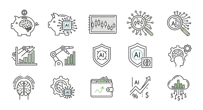 AI Technology and Finance Icon Set, Artificial Intelligence Vector Line Illustration