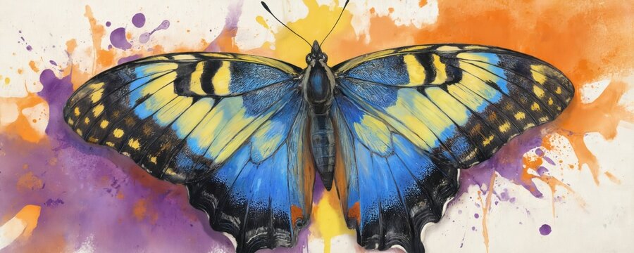 Vibrant blue butterfly with black spots on gray background. Butterfly wings spread out in moment captured in time. Butterfly faces right, wings fully extended, spots contrasting against gray