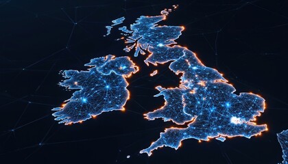 Digital map of United Kingdom in cool blue colors. Black background highlights UK borders. Geometric precision shows country contours, terrain, demarcated borders. Blue shades contrast with black