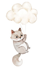 Cute watercolor fox hanging from a fluffy cloud like a parachute. A lighthearted and dreamy design, perfect for nursery wall prints, baby shower gifts, or magical children merchandise.