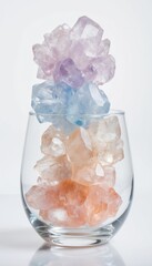 Vibrant crystals in clear glass, pastel shades of pink, purple, and blue. Glass container with colorful crystal display. Faint gray stripe background adds depth to composition, contrasting with white.