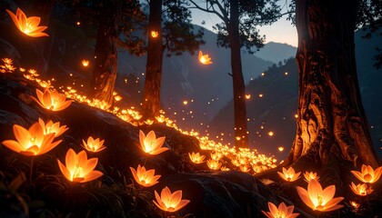 Obraz premium Glowing Flowers in Forest at Night with Mystical Lighting