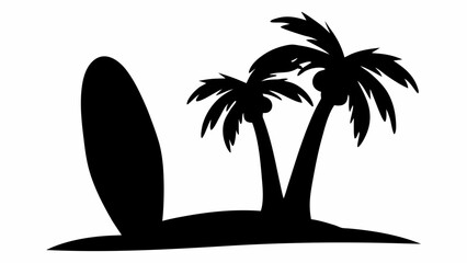 Silhouette of a surfboard standing next to two palm trees on a small island against a white background