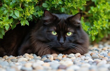 Black cat with green eyes lies on dark rocks in garden. Cat gaze meets viewer eyes. Lush green foliage surrounds cat. Natural, tranquil setting for pet photography.