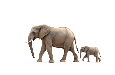Obraz premium Adult elephant leads juvenile calf walking side by side in harmony. Large mammal with gray color, white tusks, extended trunk. Smaller calf follows with darker gray color, smaller white tusks.