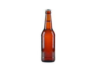 A glass beer bottle on a black background.