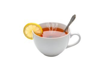 Hot tea with lemon slice in a white cup.