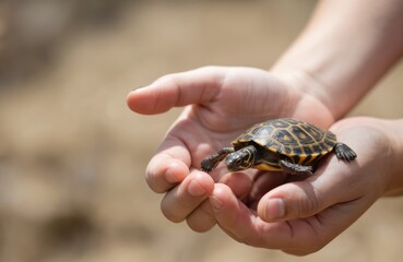 Person cradles a small turtle in their hands. Brown and black colors. Gentle fingers hold the turtle, showing care and tenderness. Natural setting, blurred background, habitat for the turtle.