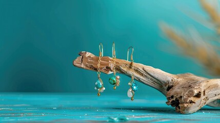 Handmade earrings with delicate beads and gold wire artfully arranged on natural driftwood, set against solid teal backdrop