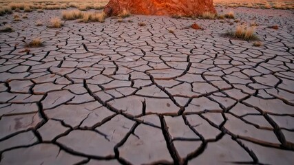 Dynamic approach to cracked desert land with distant rock formation