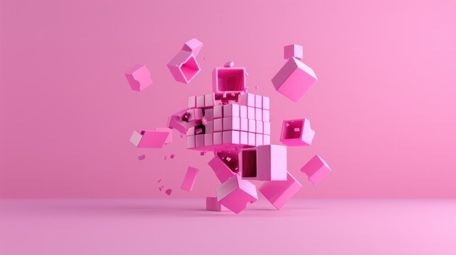 Floating cubic blocks forming a disassembled 3D cube on pastel pink background, futuristic and minimalist design