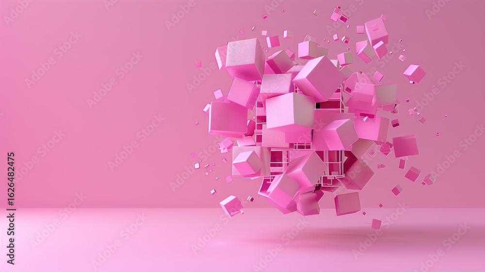 Poster abstract 3d fragmented cube composed of floating blocks against soft pink backdrop, modern tech and 