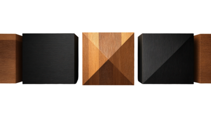 Four square objects, arranged horizontally, showing variations in material and surface texture