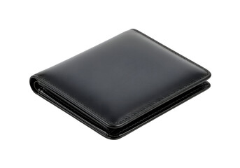 Black leather folded wallet on a black background.