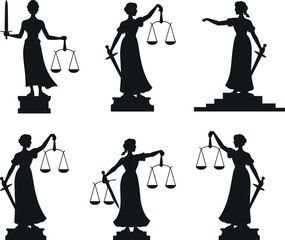 Lady Justice silhouette statues, holding scales and sword, symbol of law, fairness, equality, legal authority, courtroom, justice, legal systemLady Justice silhouette statues,