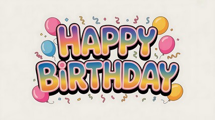 Fototapeta premium Colorful Happy Birthday Text with Balloons and Confetti for Celebratory Occasions