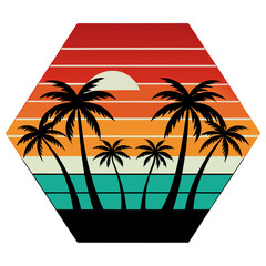 Hex Sunset Tropics – A geometric hexagon layout with palm trees and ocean silhouettes layered over a muted retro striped sunset.