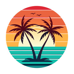 Tropical Calm Balance – A retro shoreline vector with palm trees and calm waters, using simplified symmetry and clear lines.