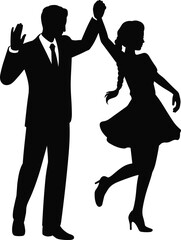 Elegant dancing couple silhouette, formal attire, romantic pose, black vector icon, motion, celebration, ballroom dance, stylish illustration