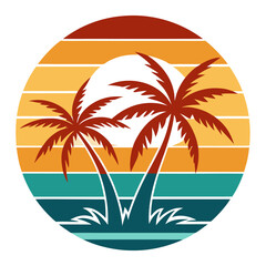 Summer Radiance Retro – A vintage-style sun with rays and palm trees over waves, designed for print with soft symmetry.